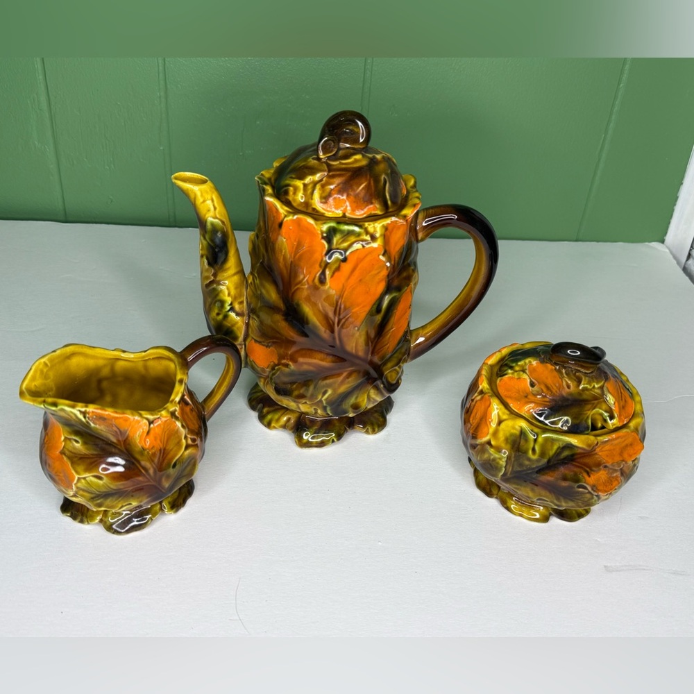 VTG INARCO JAPAN ORANGE SPICE FALL LEAF GLASS TEA SET
